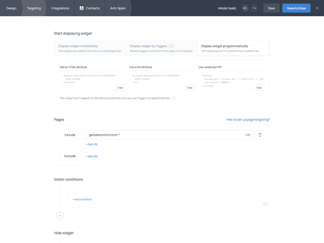 Setting the widget to display programmatically from the Targeting tab