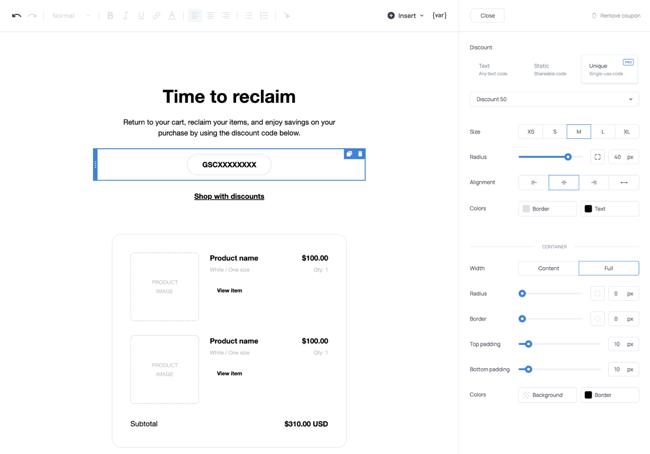 Coupon element configured to display a unique single-use coupon code