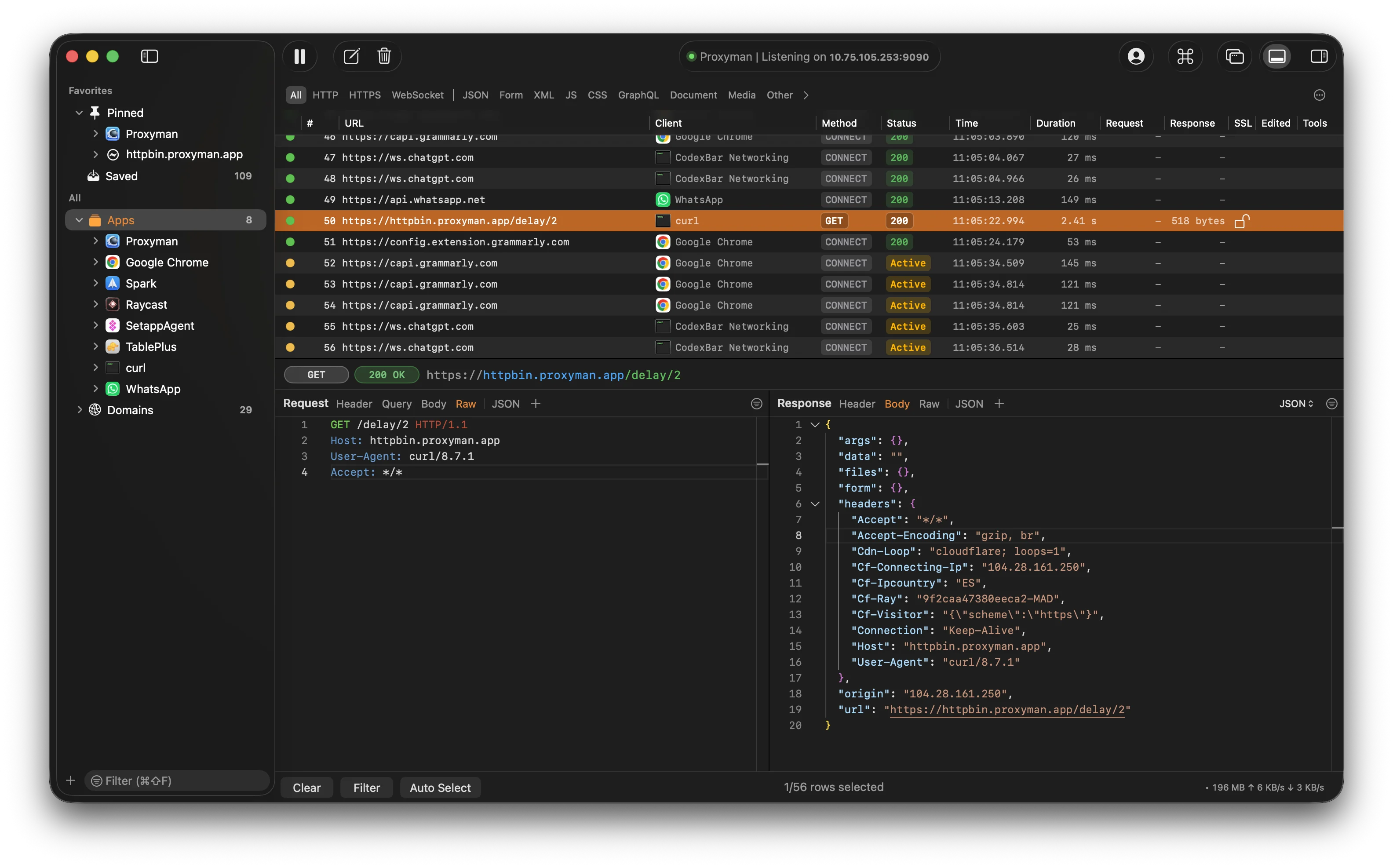 Proxyman Dashboard on macOS showing captured HTTP requests, filters, request details, and response preview panes.