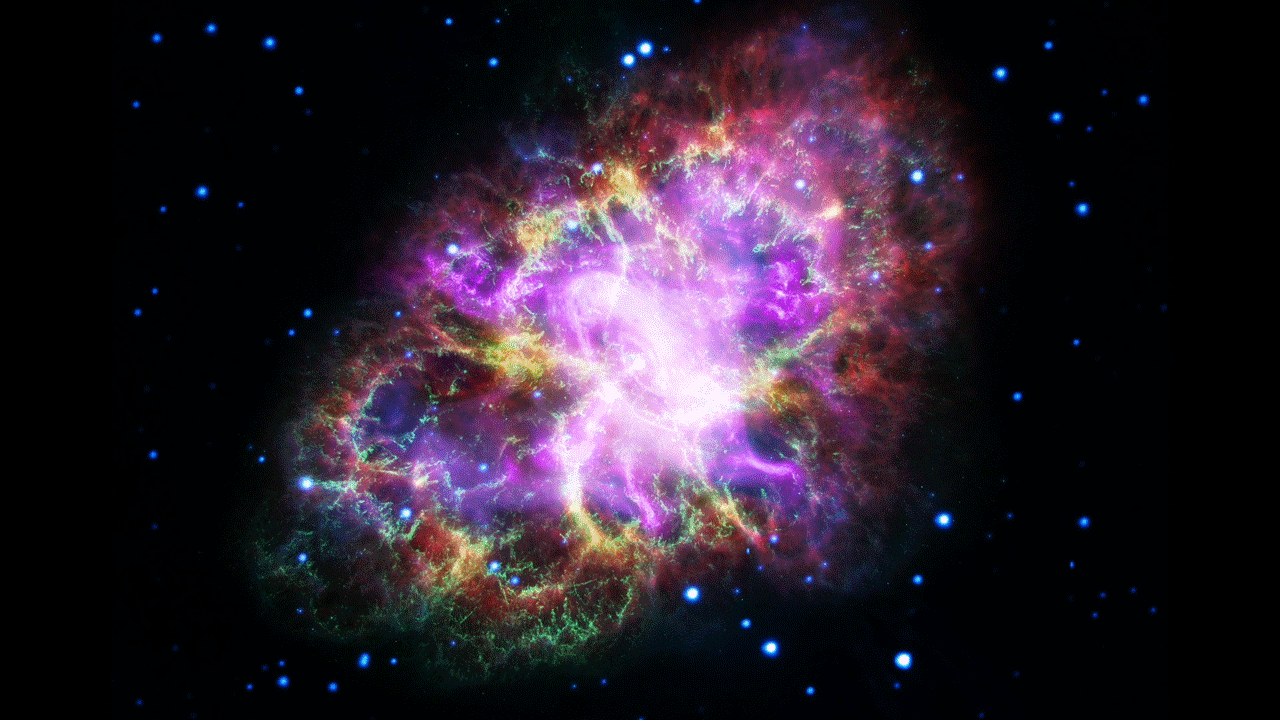 This image of the Crab Nebula combines data from five different telescopes. It is know as the expanding gaseous remnant from a star that self-detonated as a supernova, briefly shining as brightly as 400 million suns.
