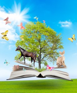 Magic book with a green tree and diferent animals