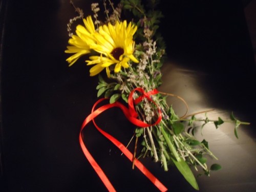 Daisies tied together with red ribbon.