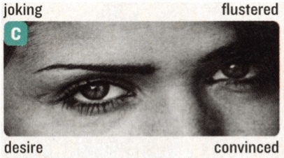 Eyes with makeup A pair of feminine eyes in heavy makeup in a black and white photo with four words written around it: joking flustered desire convinced