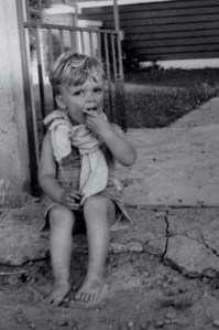 Angus sitting in Auntie Mynie's driveway.