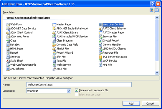 Web user control template selected