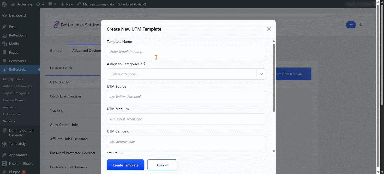 How to Create a Dynamic UTM Template with BetterLinks? 3 create your Dynamic UTM template with basic tracking info