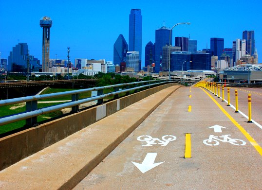 Bicycle Lanes on the Jefferson Viaduct from Oak Cliff into downtown, Dallas.