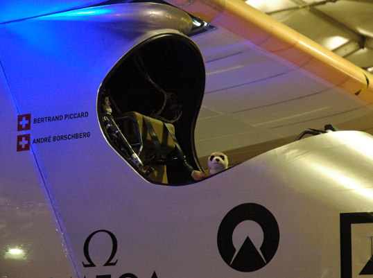 Little guy hanging out in the cockpit of the Solar Impulse