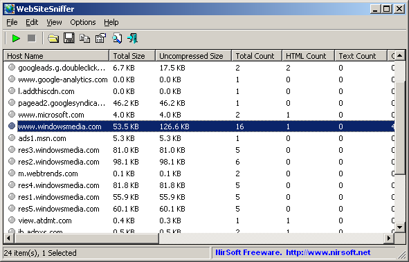 WebSiteSniffer Main Window WebSiteSniffer Main Window