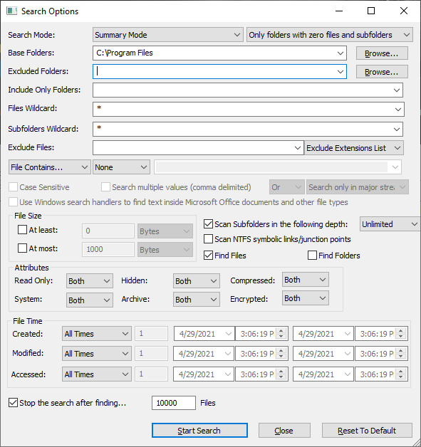 Search Options: Empty Folders