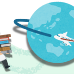Stating the obvious? International indexing boosts submissions and visibility for scientific journals Illustration of a scientist wearing a lab coat and a graduation cap, carrying a stack of books, walking toward a globe with rings around it, while an airplane flies around the planet.