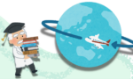 Illustration of a scientist wearing a lab coat and a graduation cap, carrying a stack of books, walking toward a globe with rings around it, while an airplane flies around the planet.