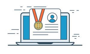 | SciELO em Perspectiva Lineart Flat e-learning website hero image vector illustration. Online education knowledge concept. Laptop, profile of school studding graduation certificate, first place medal on screen.