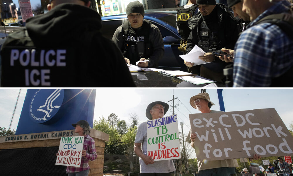stacked photos of ICE officers planning arrests over an image of people protesting cuts at the CDC.