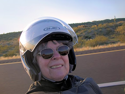 Robin Atkins, self-portrait while riding shotgun on the Goldwing