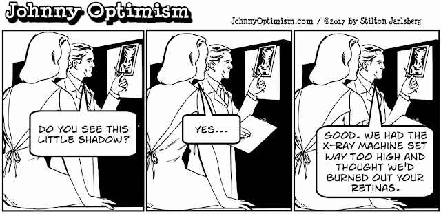 johnny optimism, medical, humor, sick, jokes, boy, wheelchair, doctors, hospital, stilton jarlsberg, x-ray, xray, shadow, radiation, blind