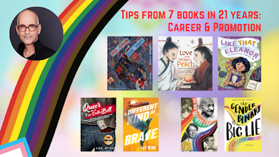 Tips from 7 Years in 21 Years: Career and Promotion - a photo of Lee Wind with the covers of his seven kidlit books (and a rainbow)