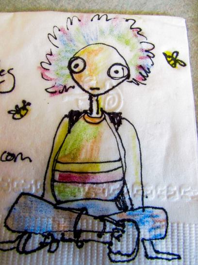 Sharpie, oil pastels, and a napkin canvas from the diner.