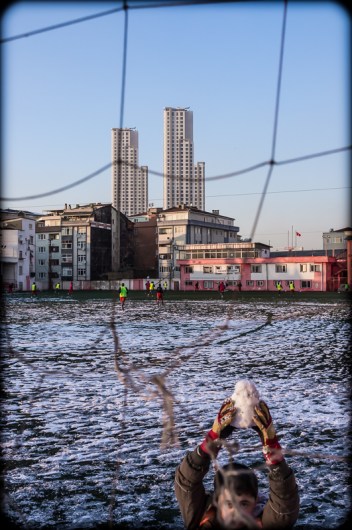 The upper stories of the Ant Hill Towers apartment complex, as seen from a football field at the heights Feriköy, Istanbul, 2012. (Fuji X100). Click on image to enlarge.