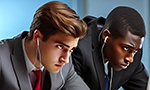 O fardo da aprendizagem e da reinvenção profissional ao longo da vida Ilustração de dois homens de terno sentados em uma mesa, usando fones de ouvido enquanto tomam notas em cadernos. Eles olham fixamente para frente, com uma expressão séria.