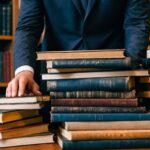 A implicação da concepção pedagogia crítico-dialética no trabalho do(a) pedagogo(a) escolar Uma fotografia de diversos livros em uma mesa com alguém atrás.