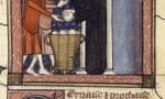 Pintura medieval mostra um grupo de pessoas interagindo.