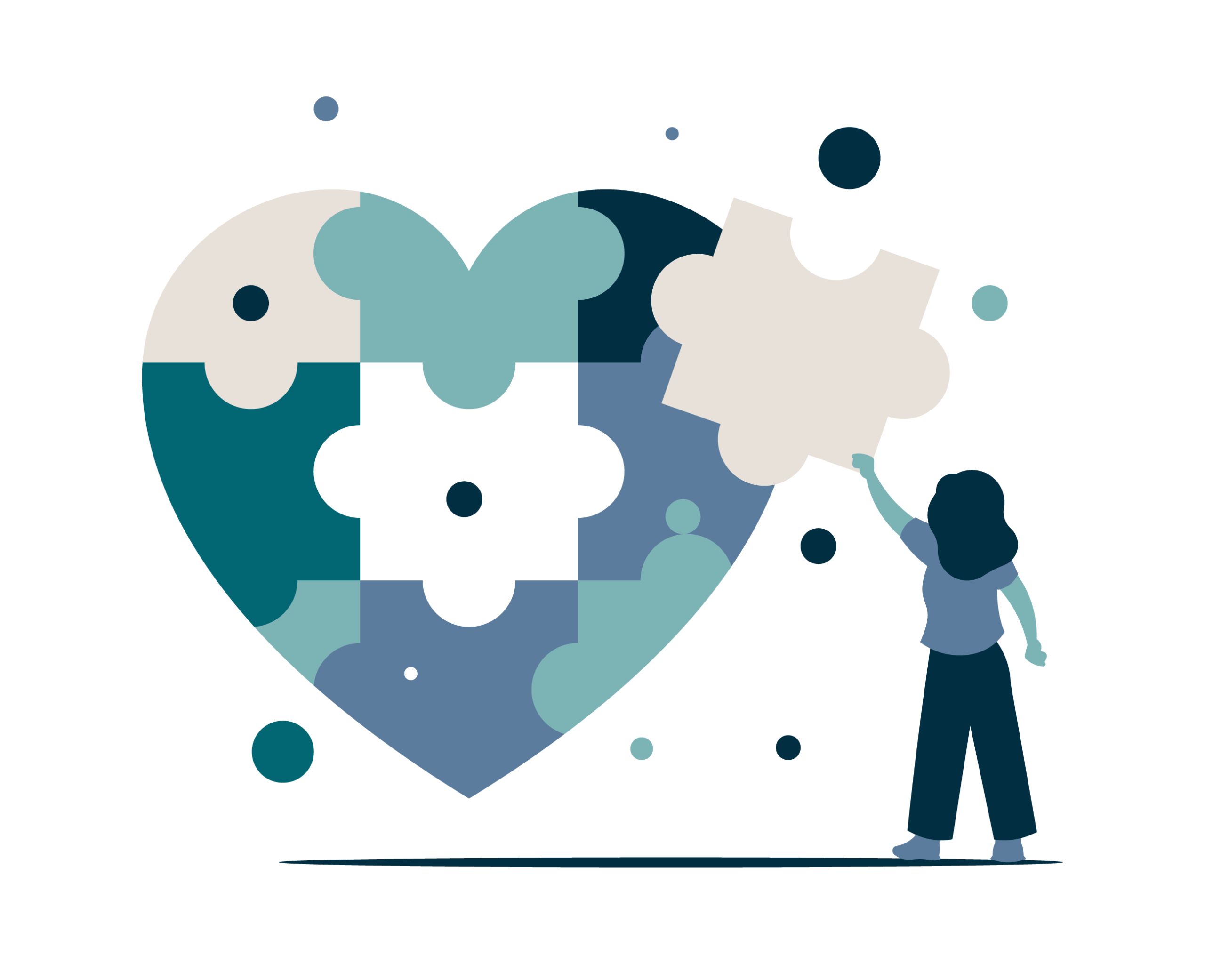 A drawing of a person with long hair putting the last oversized puzzle piece in a large heart-shaped jigsaw puzzle.