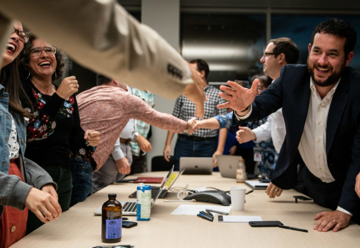 Los Angeles Times Newsroom Union Contract EL SEGUNDO, CALIF. - OCTOBER 16: Members of the LATimes Guild Bargaining Committee and Los Angeles Times management sign a tentatively agreed upon contract at the Los Angeles Times building on Wednesday, Oct. 16, 2019 in El Segundo, Calif. (Kent Nishimura / Los Angeles Times)