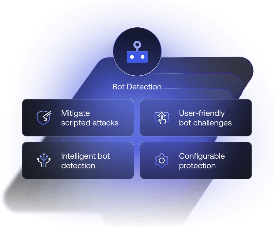 Icône de détection des bots placée au-dessus de 4 icônes : « Atténuer les attaques scriptées », « Demandes d’authentification conviviales pour bloquer les bots », « Détection de bots intelligente » et « Protection configurable ».