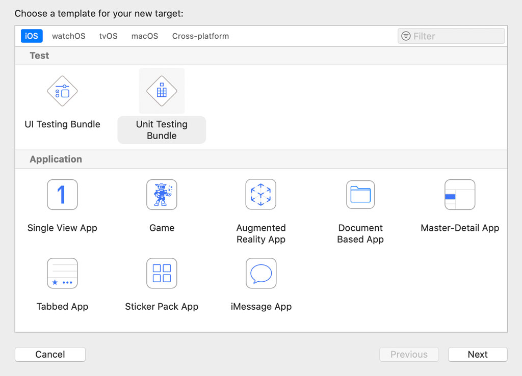Choosing the iOS Unit Testing Bundle Template