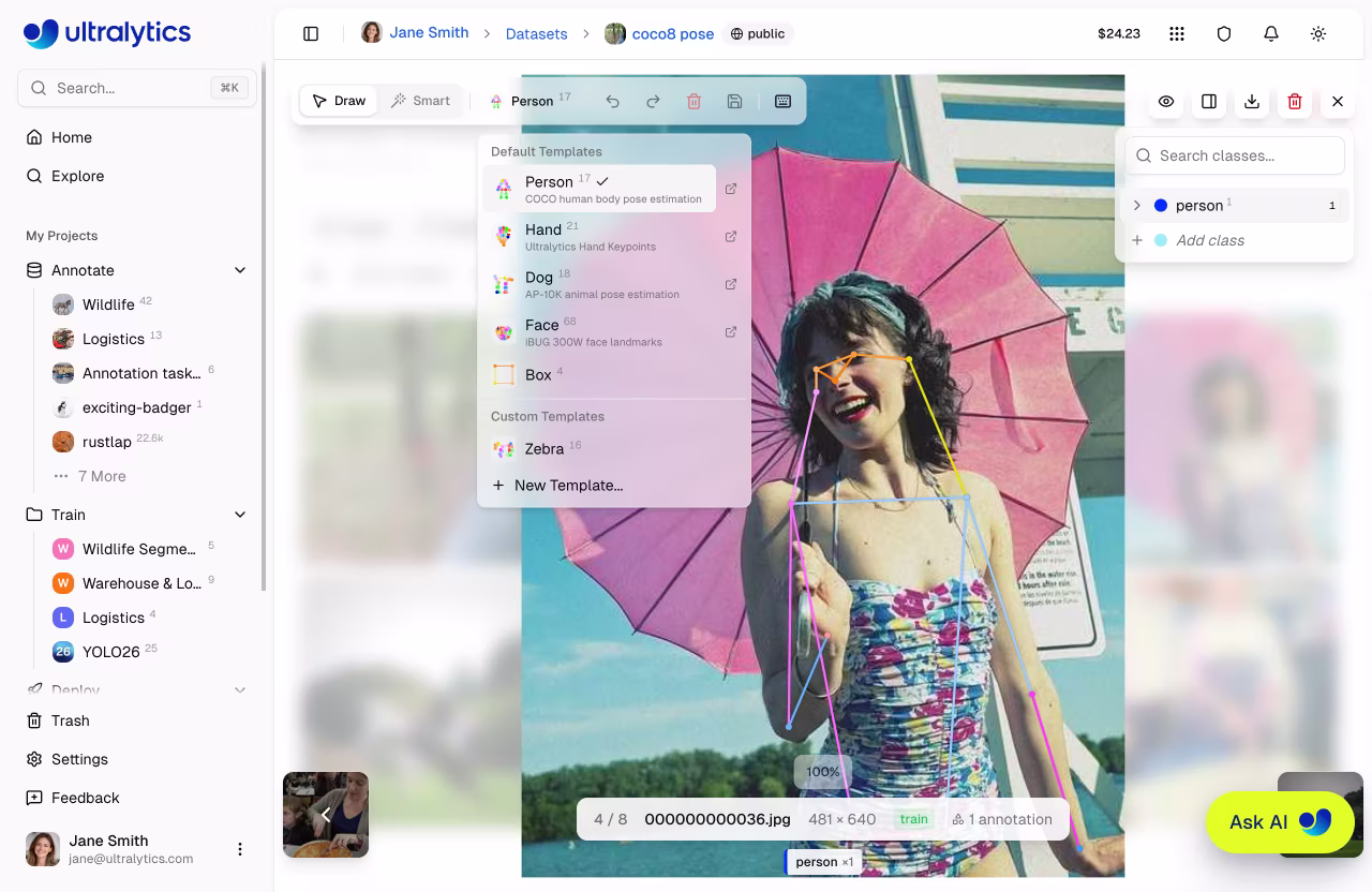 Ultralytics Platform Annotate Pose Template Dropdown
