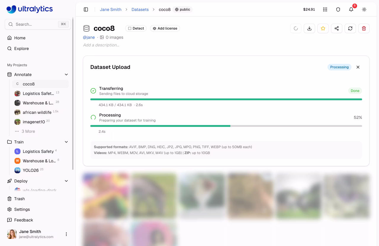 Ultralytics Platform Datasets Upload Progress Bar