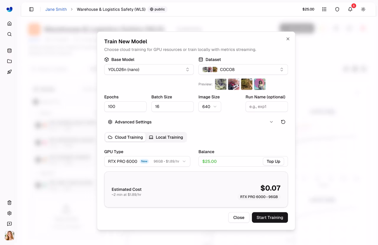 Ultralytics Platform Quickstart Training Dialog Cloud Tab