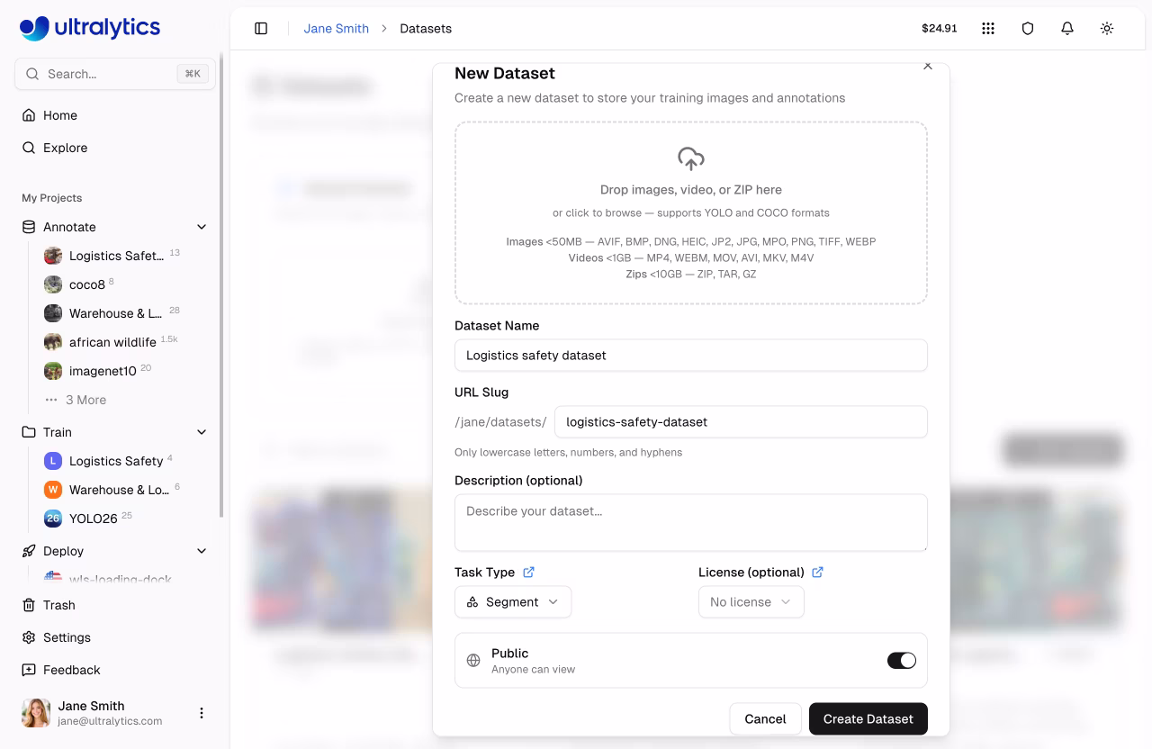 Ultralytics Platform Quickstart Upload Dialog