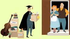 Illustration of a college graduate moving back home with his parents