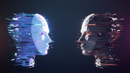 An illustration of two faces wearing masks looking at each other in front of a blue background. The mask on the left is white with purple eyes while the one on the right is black with red eyes.