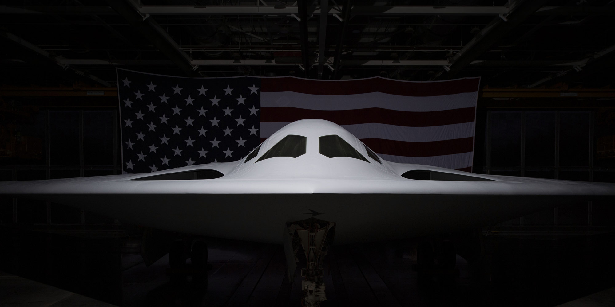 Northrop Grumman unveiled the B-21 Raider on Dec. 2, 2022 at the company’s facility in Palmdale, California. B-21 bomber in hangar