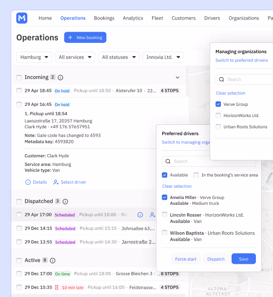 Operations dashboard with Preferred Driver and Managing Organizations popover
