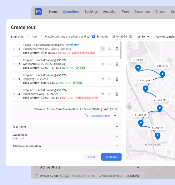 Operations dashboard with tour builder popover