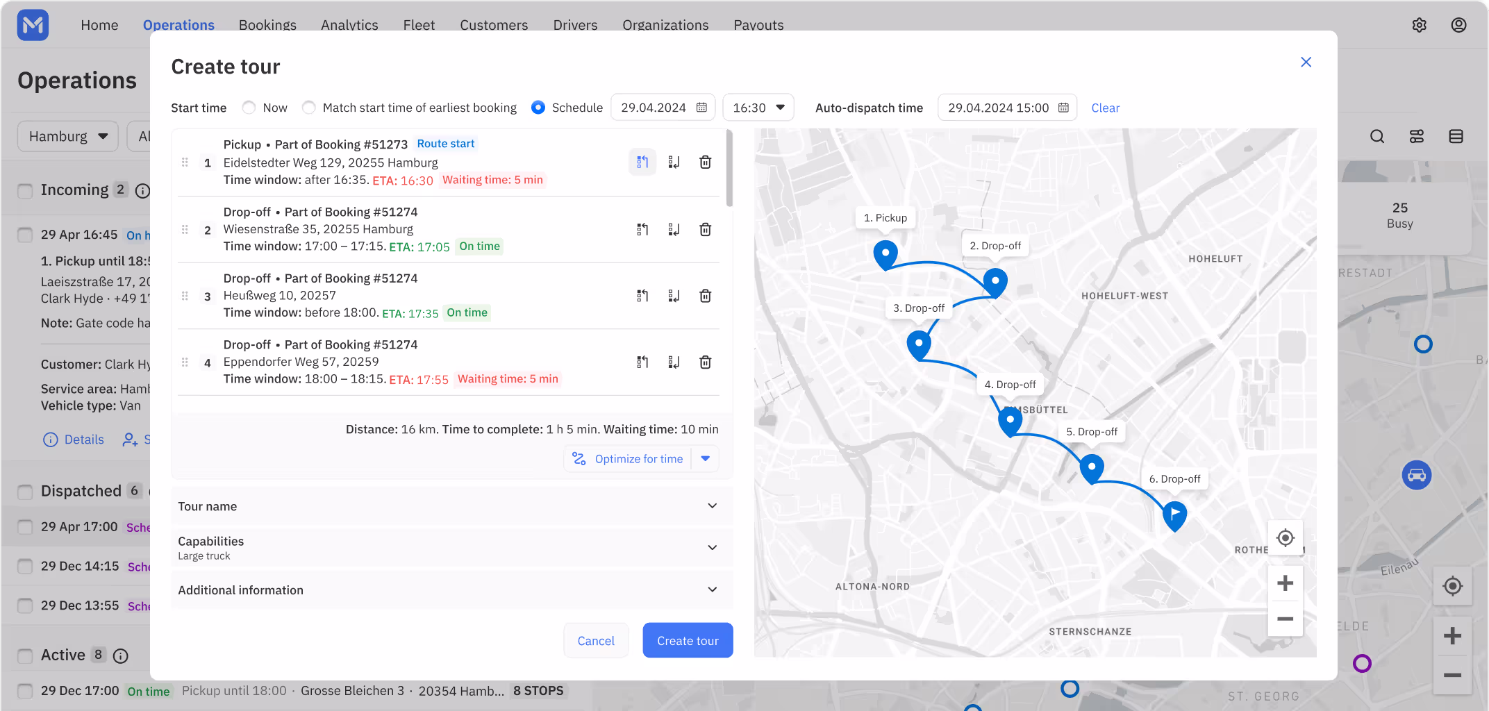 Operations dashboard with tour builder popover