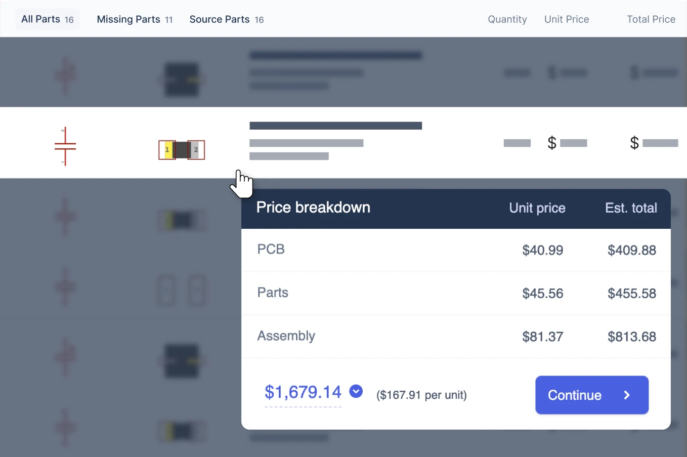 A computer screen with a blue and white price breakdown page.