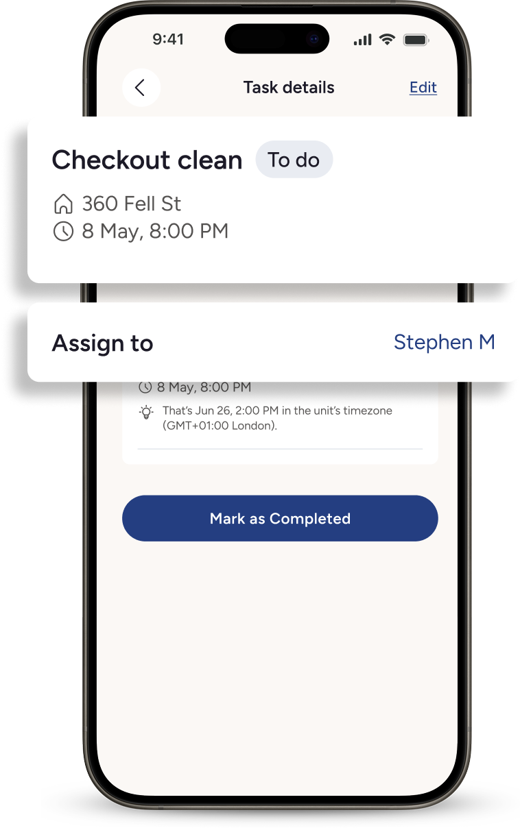 Mobile screen showing task details for 'Checkout clean' scheduled at 360 Fell St on May 8, 8:00 PM, assigned to Stephen M with option to mark as completed.