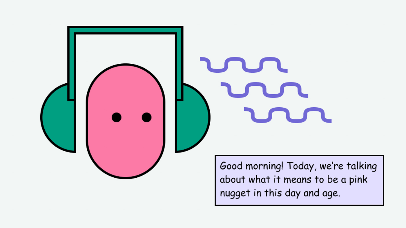 Character listening to podcast with an audio transcript
