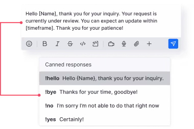 Screenshot of a messaging interface showing a canned response message and a dropdown menu with preset reply options.
