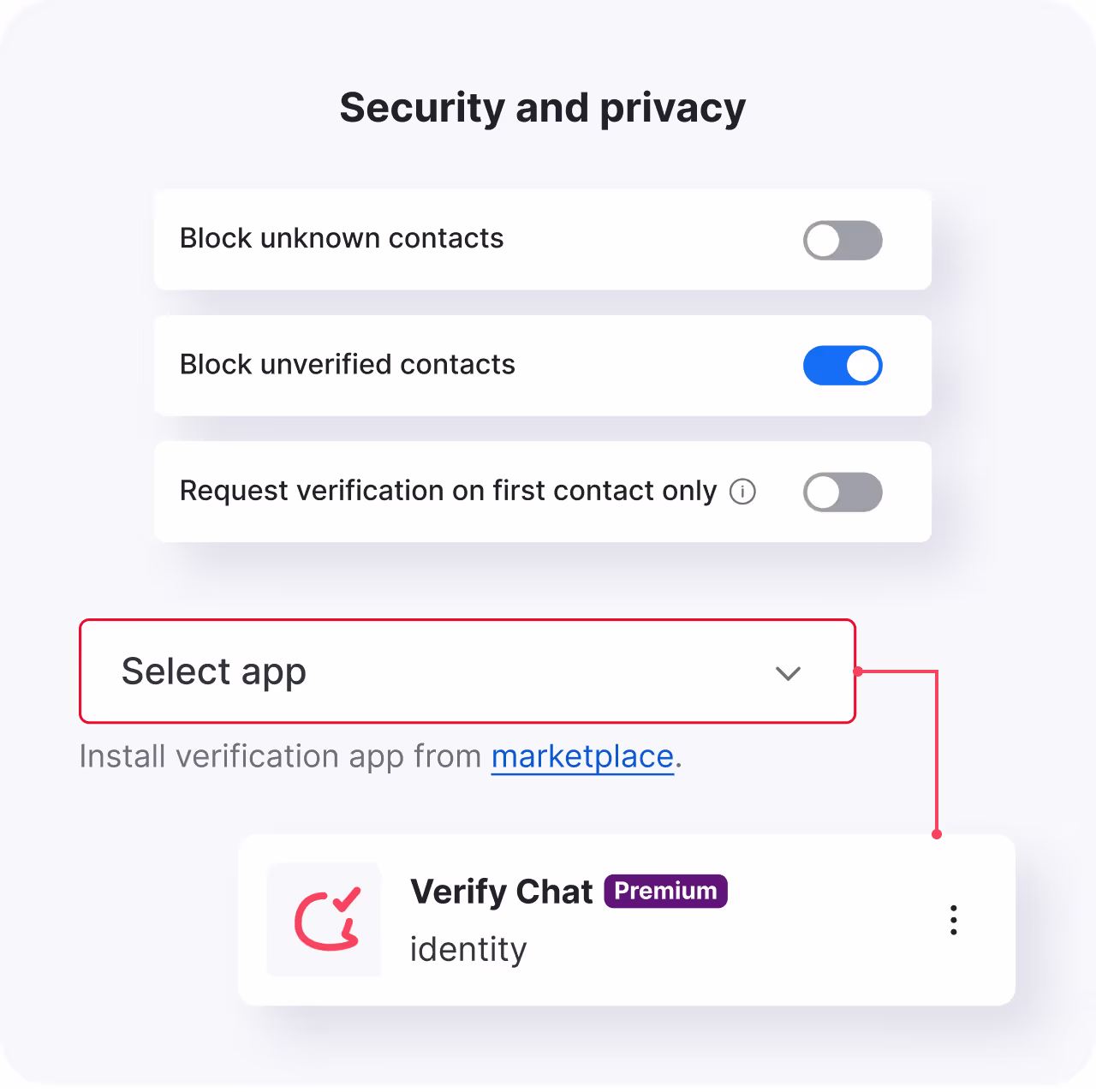 Security and privacy settings with toggle switches for blocking unknown contacts, blocking unverified contacts, and requesting verification on first contact; dropdown to select verification app with Verify Chat Premium app option displayed.
