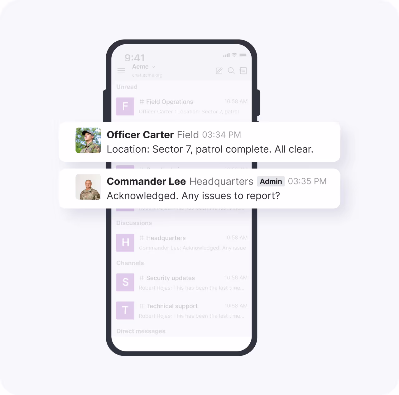 Tela de smartphone mostrando um aplicativo de mensagens com mensagens do agente Carter informando que a patrulha foi concluída e do comandante Lee solicitando que quaisquer problemas fossem relatados.
