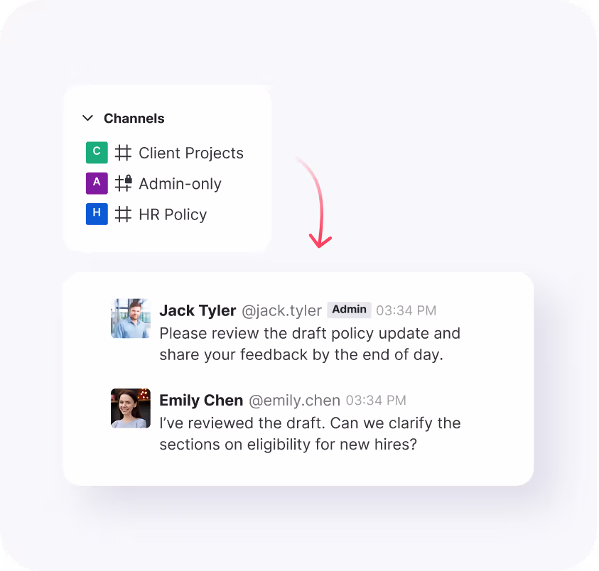 Interface de chat mostrando os canais Projetos do Cliente, Somente para Administradores e Política de RH, com uma conversa em que Jack Tyler pede feedback sobre uma atualização preliminar da política e Emily Chen solicita esclarecimentos sobre a elegibilidade para novas contratações.