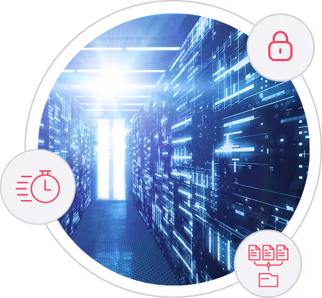 Serverraum-Flur mit beleuchteten Server-Racks und Symbolen, die für Geschwindigkeit, Sicherheit und Datenmanagement stehen.
