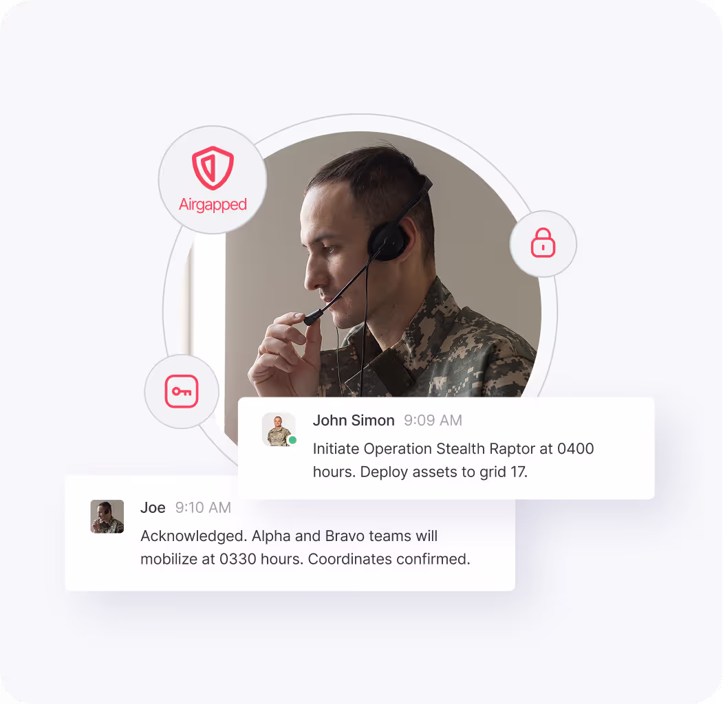 Mann in Militäruniform mit Headset und Mikrofon, umgeben von Sicherheits-Symbolen und Chat-Nachrichten über eine Militäroperation.