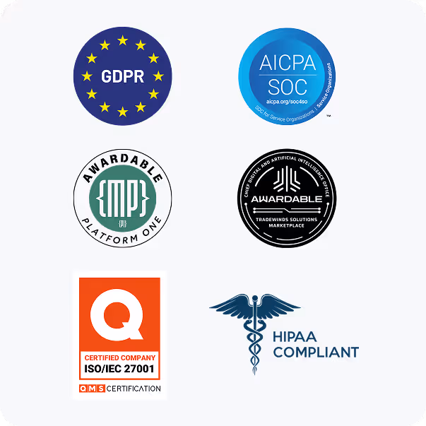 Sechs Zertifizierungslogos, darunter GDPR mit Sternen, AICPA SOC in blauem Kreis, Awardable Platform One und Awardable TradeWinds schwarzes kreisförmiges Logo, ISO/IEC 27001-zertifiziertes Unternehmen mit QMS-Zertifizierung und HIPAA-konform mit Caduceus-Symbol.